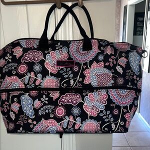 Vera Bradley Black Floral Travel Tote with Pink & Blue Accents